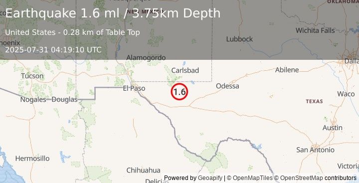 Earthquake 61 km S of Whites City, New Mexico (1.6 ml) (2025-07-31 04:19:10 UTC)