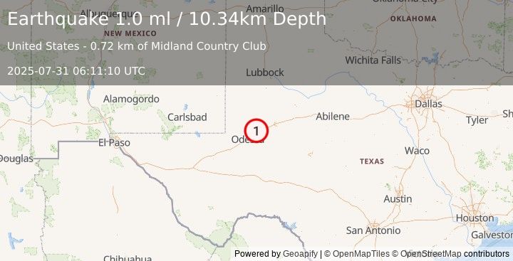 Earthquake 8 km NNW of Midland, Texas (1.0 ml) (2025-07-31 06:11:10 UTC)