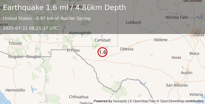 Earthquake 54 km NW of Toyah, Texas (1.6 ml) (2025-07-31 08:21:37 UTC)