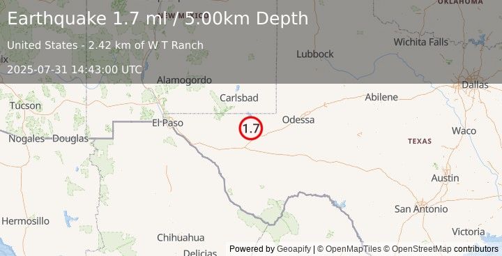 Earthquake 45 km NW of Toyah, Texas (0.7 ml) (2025-07-31 14:43:03 UTC)