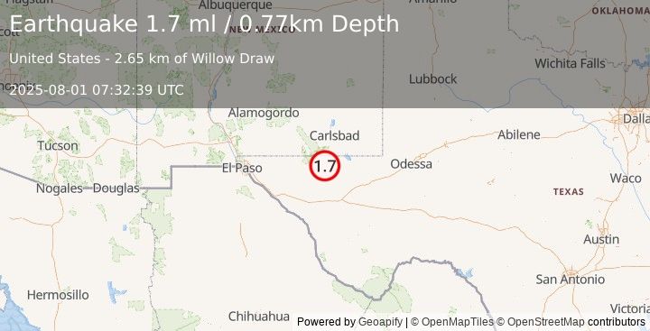 Earthquake 42 km SSW of Whites City, New Mexico (1.7 ml) (2025-08-01 07:32:39 UTC)