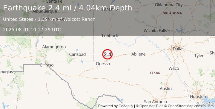 Earthquake 31 km WSW of Ackerly, Texas (2.4 ml) (2025-08-01 10:17:29 UTC)