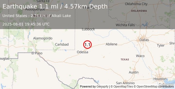 Earthquake 22 km WSW of Ackerly, Texas (1.1 ml) (2025-08-01 19:45:36 UTC)