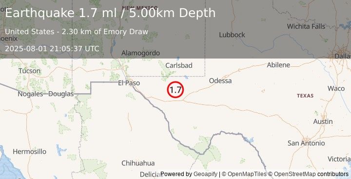 Earthquake 60 km WNW of Toyah, Texas (1.7 ml) (2025-08-01 21:05:37 UTC)