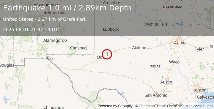 Earthquake 4 km WNW of Midland, Texas (1.0 ml) (2025-08-01 21:37:19 UTC)