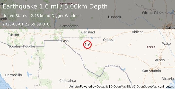 Earthquake 33 km NNW of Toyah, Texas (0.6 ml) (2025-08-01 23:00:05 UTC)