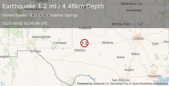 Earthquake 22 km SW of Ackerly, Texas (1.2 ml) (2025-08-02 02:05:06 UTC)