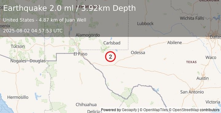 Earthquake 60 km WNW of Toyah, Texas (2.0 ml) (2025-08-02 04:57:53 UTC)