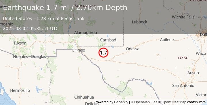 Earthquake 66 km NNE of Van Horn, Texas (1.7 ml) (2025-08-02 05:35:51 UTC)