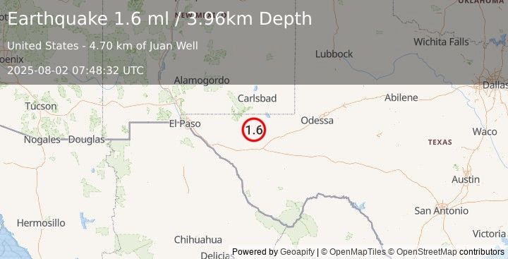 Earthquake 60 km WNW of Toyah, Texas (1.6 ml) (2025-08-02 07:48:32 UTC)