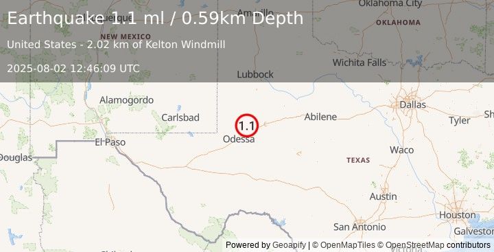 Earthquake 21 km N of Midland, Texas (1.1 ml) (2025-08-02 12:46:09 UTC)
