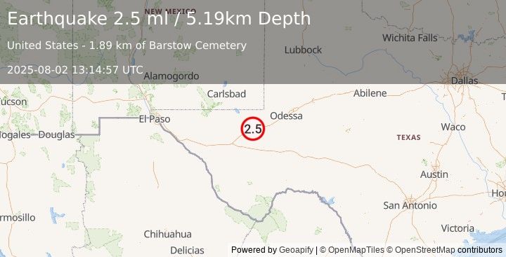 Earthquake 5 km NNW of Barstow, Texas (2.4 ml) (2025-08-02 13:14:56 UTC)