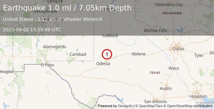 Earthquake 37 km WSW of Ackerly, Texas (1.0 ml) (2025-08-02 15:55:49 UTC)