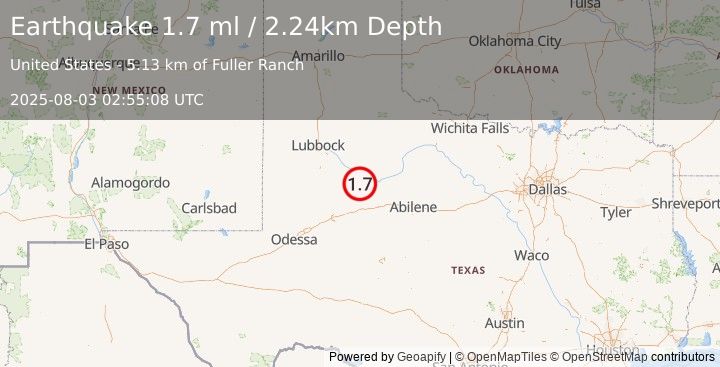 Earthquake 17 km N of Snyder, Texas (1.7 ml) (2025-08-03 02:55:08 UTC)