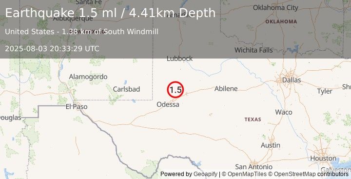 Earthquake 32 km WSW of Ackerly, Texas (1.5 ml) (2025-08-03 20:33:29 UTC)