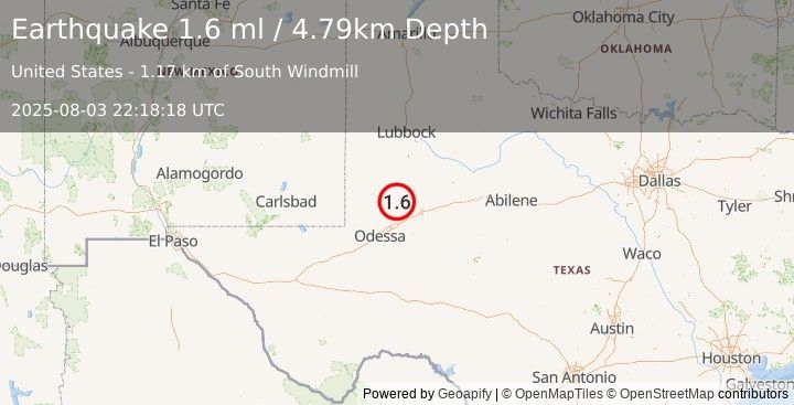 Earthquake 32 km WSW of Ackerly, Texas (1.6 ml) (2025-08-03 22:18:18 UTC)
