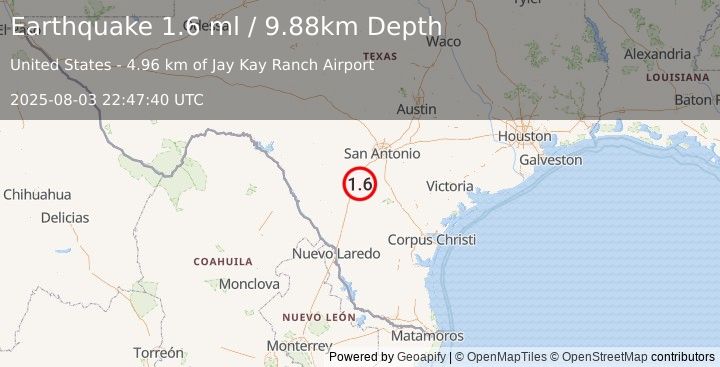 Earthquake 12 km ESE of Pearsall, Texas (1.6 ml) (2025-08-03 22:47:40 UTC)