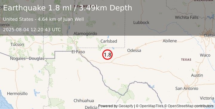 Earthquake 58 km WNW of Toyah, Texas (1.8 ml) (2025-08-04 12:20:43 UTC)