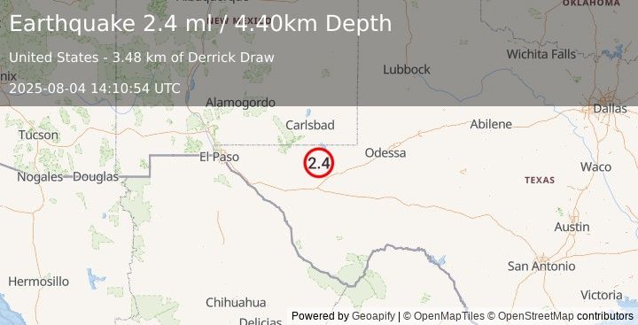 Earthquake 40 km WSW of Mentone, Texas (2.4 ml) (2025-08-04 14:10:54 UTC)