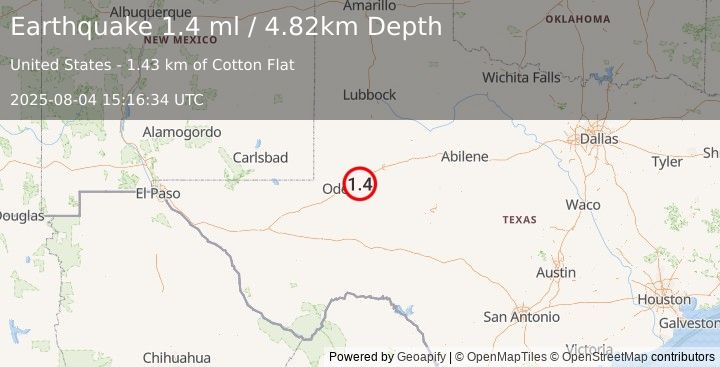 Earthquake 7 km SSE of Midland, Texas (1.4 ml) (2025-08-04 15:16:34 UTC)
