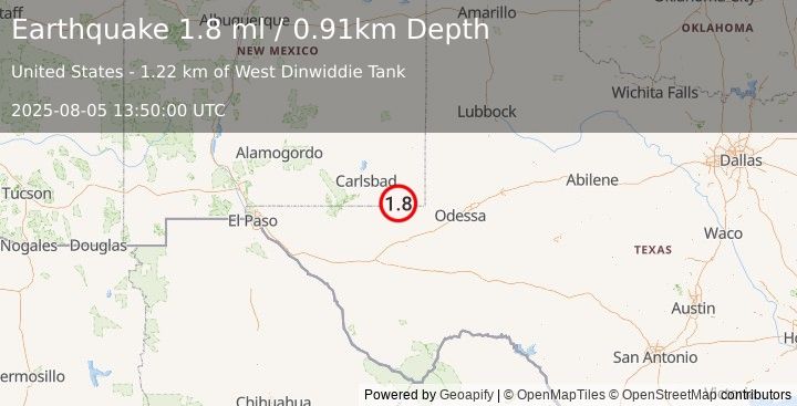 Earthquake 38 km W of Jal, New Mexico (1.8 ml) (2025-08-05 13:50:00 UTC)