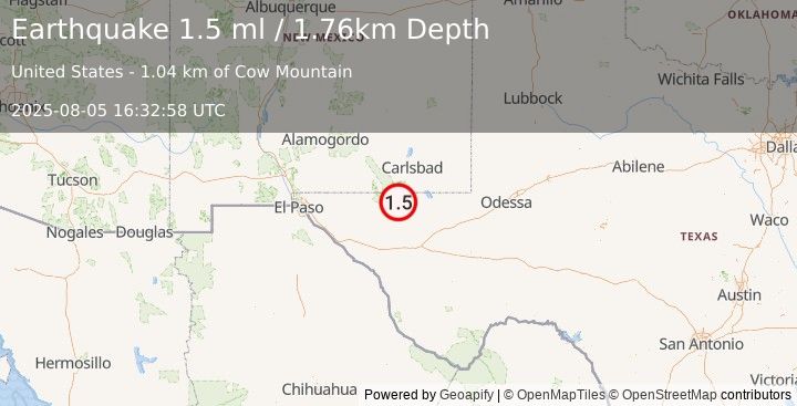 Earthquake 40 km SSW of Whites City, New Mexico (1.5 ml) (2025-08-05 16:32:58 UTC)