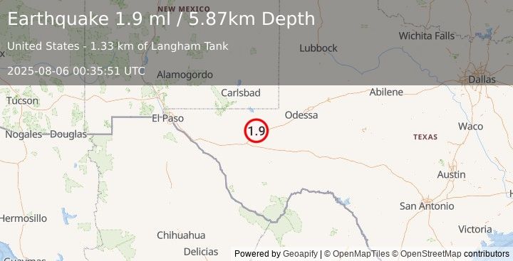Earthquake 13 km NNE of Toyah, Texas (1.9 ml) (2025-08-06 00:35:51 UTC)