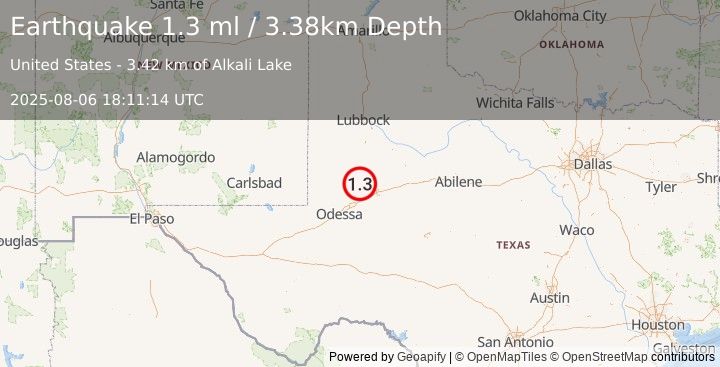 Earthquake 23 km SW of Ackerly, Texas (1.3 ml) (2025-08-06 18:11:15 UTC)