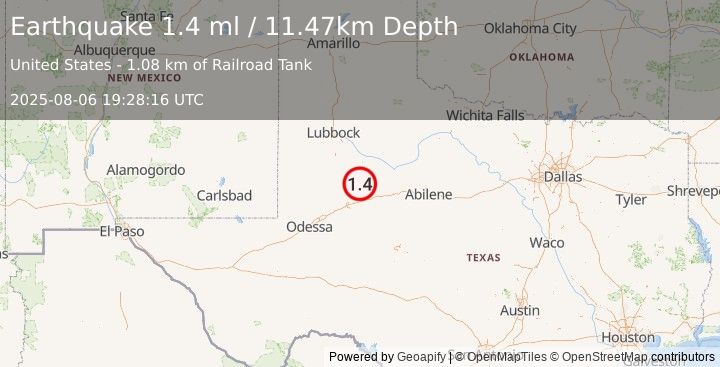 Earthquake 22 km SE of Gail, Texas (1.4 ml) (2025-08-06 19:28:16 UTC)