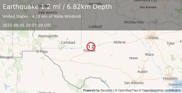 Earthquake 18 km NE of Gardendale, Texas (1.2 ml) (2025-08-06 20:07:28 UTC)