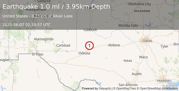 Earthquake 22 km SW of Ackerly, Texas (1.0 ml) (2025-08-07 02:33:57 UTC)