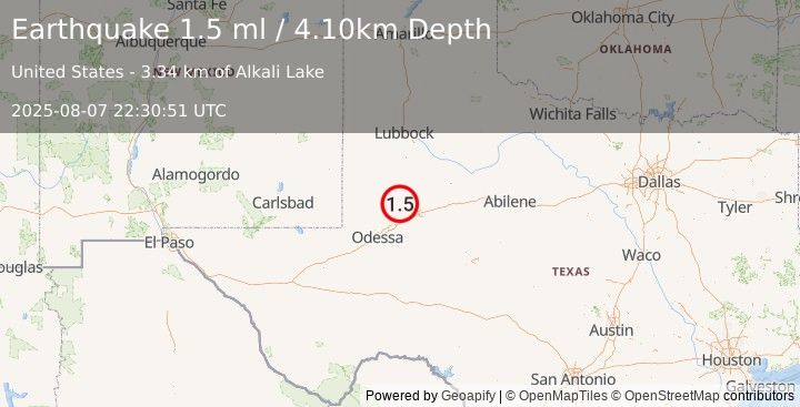 Earthquake 23 km SW of Ackerly, Texas (1.5 ml) (2025-08-07 22:30:51 UTC)