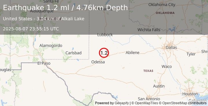 Earthquake 22 km SW of Ackerly, Texas (1.2 ml) (2025-08-07 23:55:15 UTC)