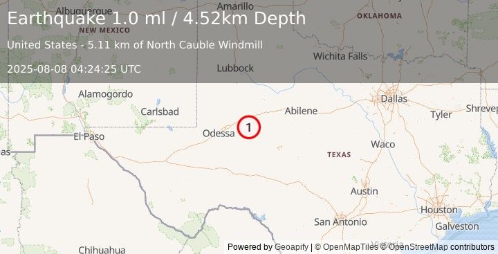 Earthquake 11 km SSW of Forsan, Texas (1.0 ml) (2025-08-08 04:24:25 UTC)