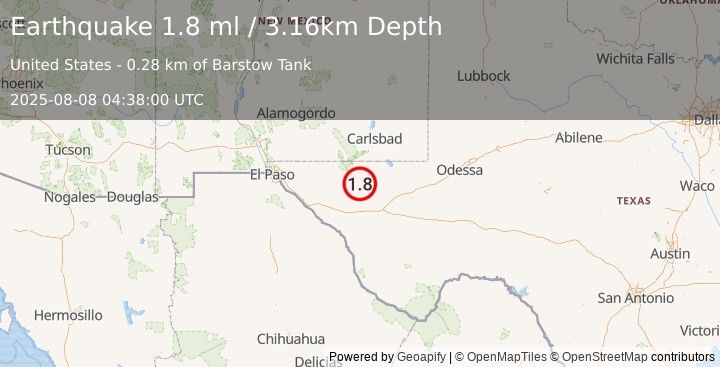 Earthquake 65 km NNE of Van Horn, Texas (1.8 ml) (2025-08-08 04:38:00 UTC)