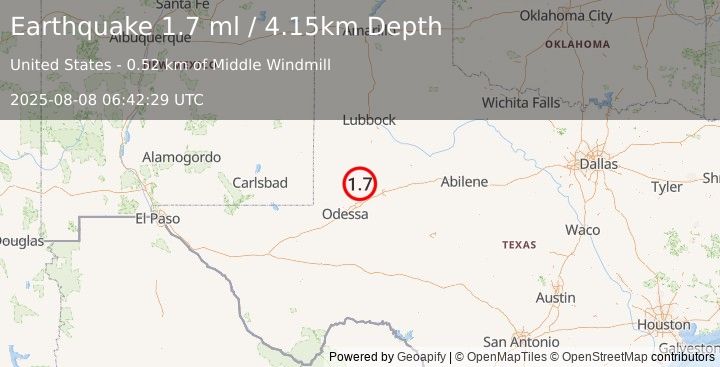 Earthquake 33 km WSW of Ackerly, Texas (1.7 ml) (2025-08-08 06:42:29 UTC)