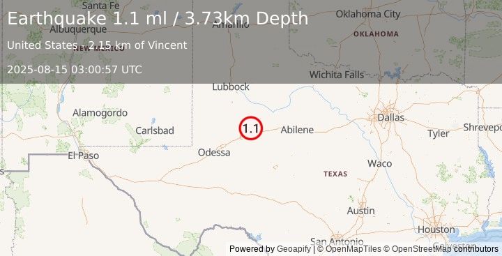 Earthquake 23 km NW of Westbrook, Texas (1.1 ml) (2025-08-15 03:00:57 UTC)