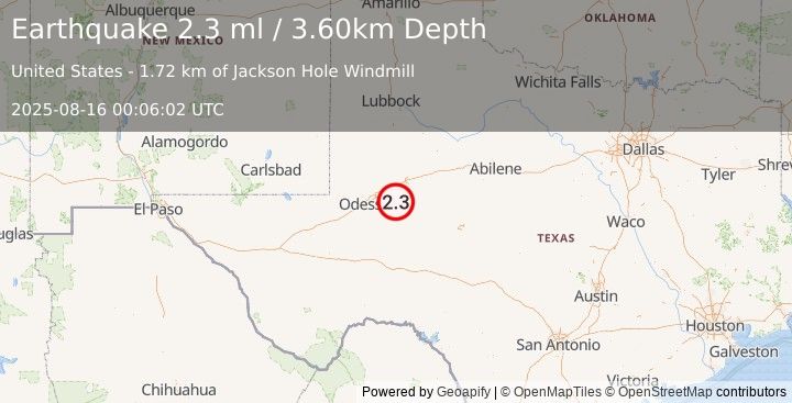 Earthquake 24 km W of Garden City, Texas (2.3 ml) (2025-08-16 00:06:02 UTC)