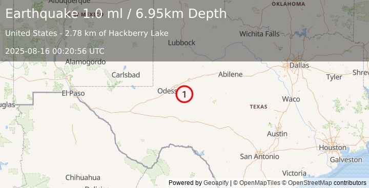 Earthquake 27 km SW of Garden City, Texas (1.0 ml) (2025-08-16 00:20:56 UTC)