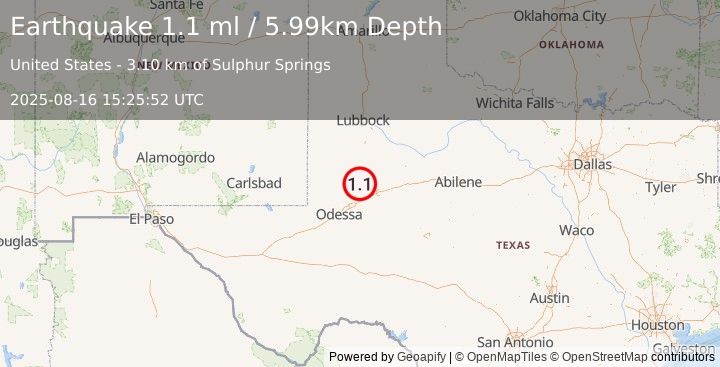 Earthquake 21 km SW of Ackerly, Texas (1.1 ml) (2025-08-16 15:25:53 UTC)