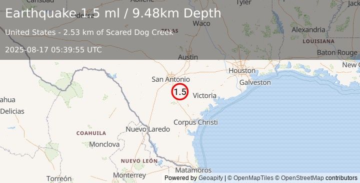 Earthquake 8 km WSW of Falls City, Texas (1.5 ml) (2025-08-17 05:39:56 UTC)