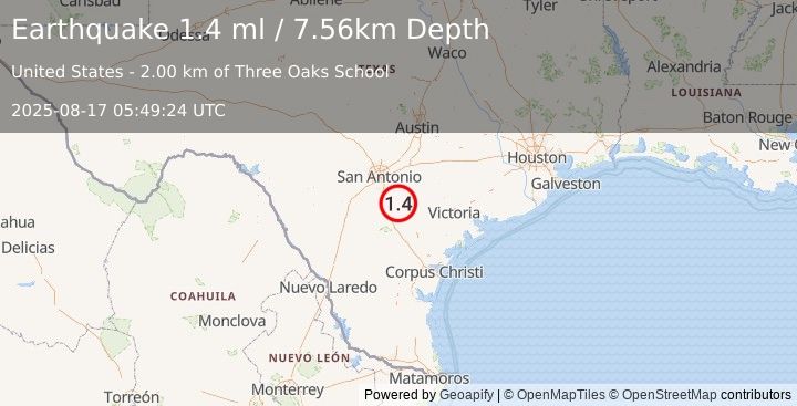 Earthquake 9 km WSW of Falls City, Texas (1.4 ml) (2025-08-17 05:49:24 UTC)