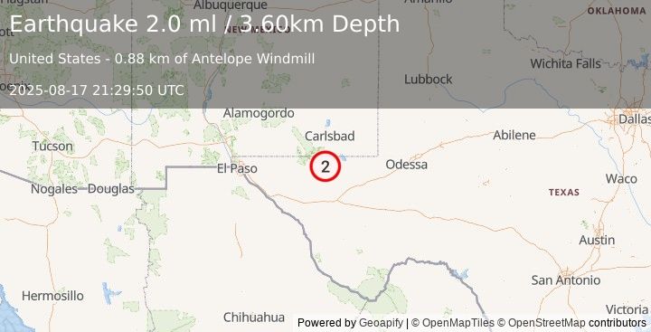 Earthquake 57 km S of Whites City, New Mexico (1.5 ml) (2025-08-17 21:29:51 UTC)