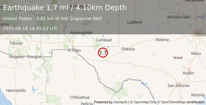 Earthquake 57 km NW of Toyah, Texas (1.7 ml) (2025-08-18 14:45:53 UTC)