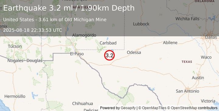 Earthquake 48 km NW of Toyah, Texas (3.2 ml) (2025-08-18 22:33:53 UTC)