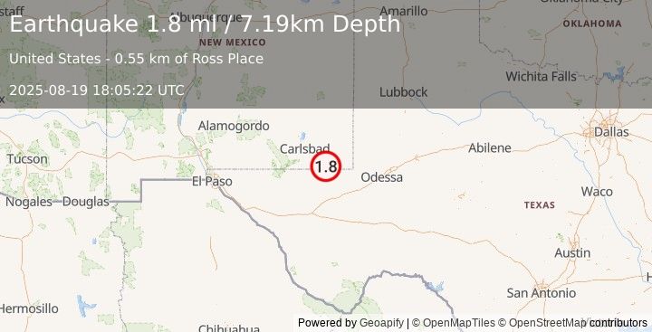 Earthquake 37 km ESE of Malaga, New Mexico (1.8 ml) (2025-08-19 18:05:22 UTC)