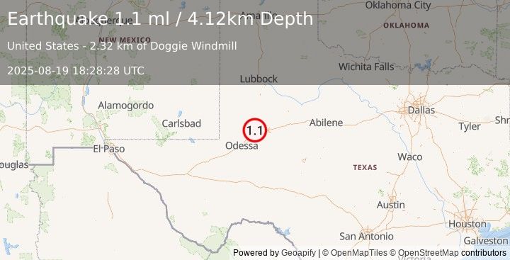 Earthquake 20 km NW of Stanton, Texas (1.1 ml) (2025-08-19 18:28:28 UTC)