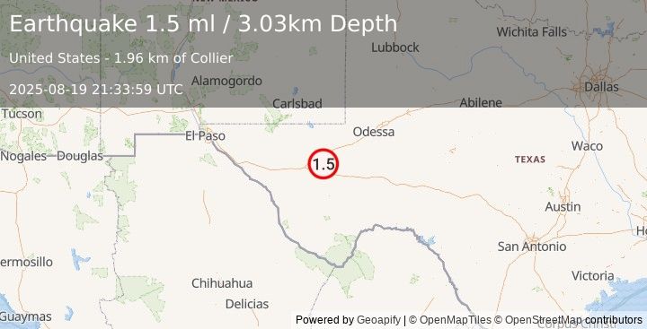 Earthquake 23 km NE of Balmorhea, Texas (1.5 ml) (2025-08-19 21:33:59 UTC)