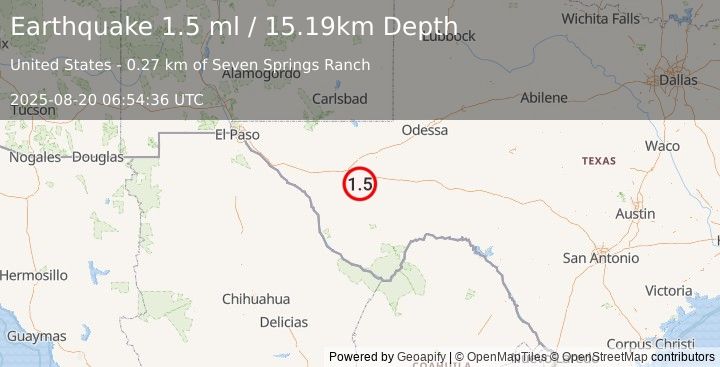 Earthquake 17 km SSW of Balmorhea, Texas (1.5 ml) (2025-08-20 06:54:36 UTC)