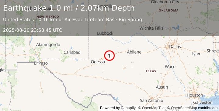 Earthquake 5 km WSW of Big Spring, Texas (1.0 ml) (2025-08-20 23:58:45 UTC)